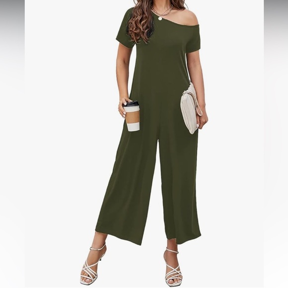 Off the Shoulder Olive Green Knit Jumpsuit - As Comfortable as Your Favorite Tee - Picture 2 of 5